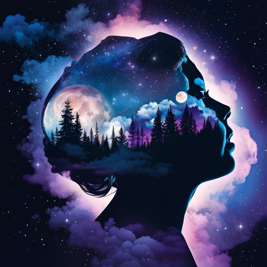 Surreal Double Exposure: Moonlit Head in Night Sky