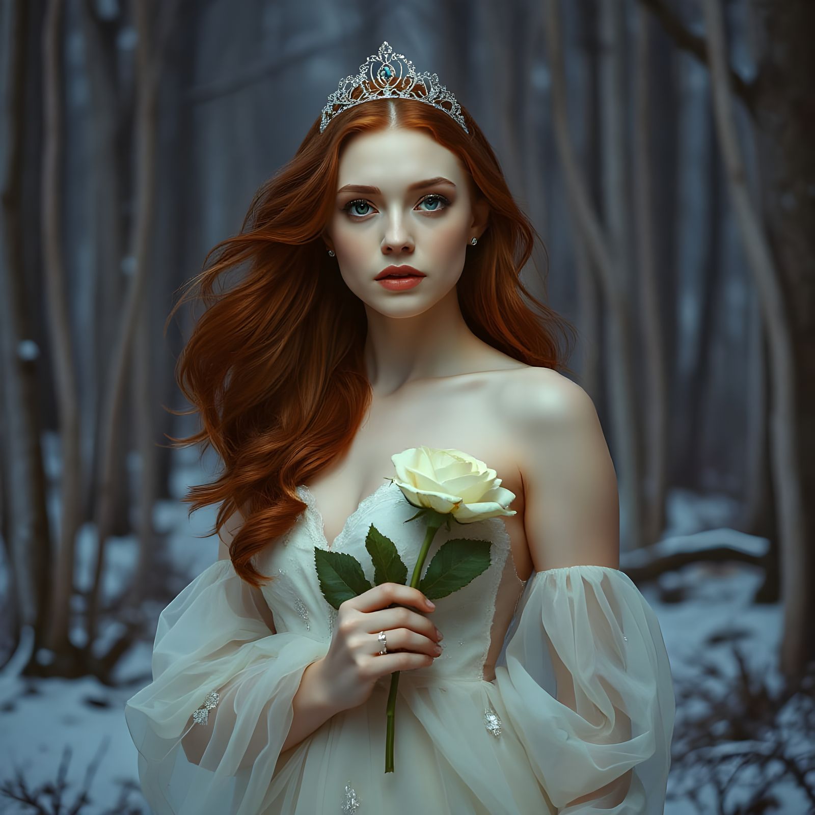 Ethereal Woman in Snow-Covered Forest at Twilight