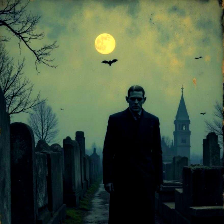 Frankenstein in Moonlit Cemetery with Ghouls and Bats