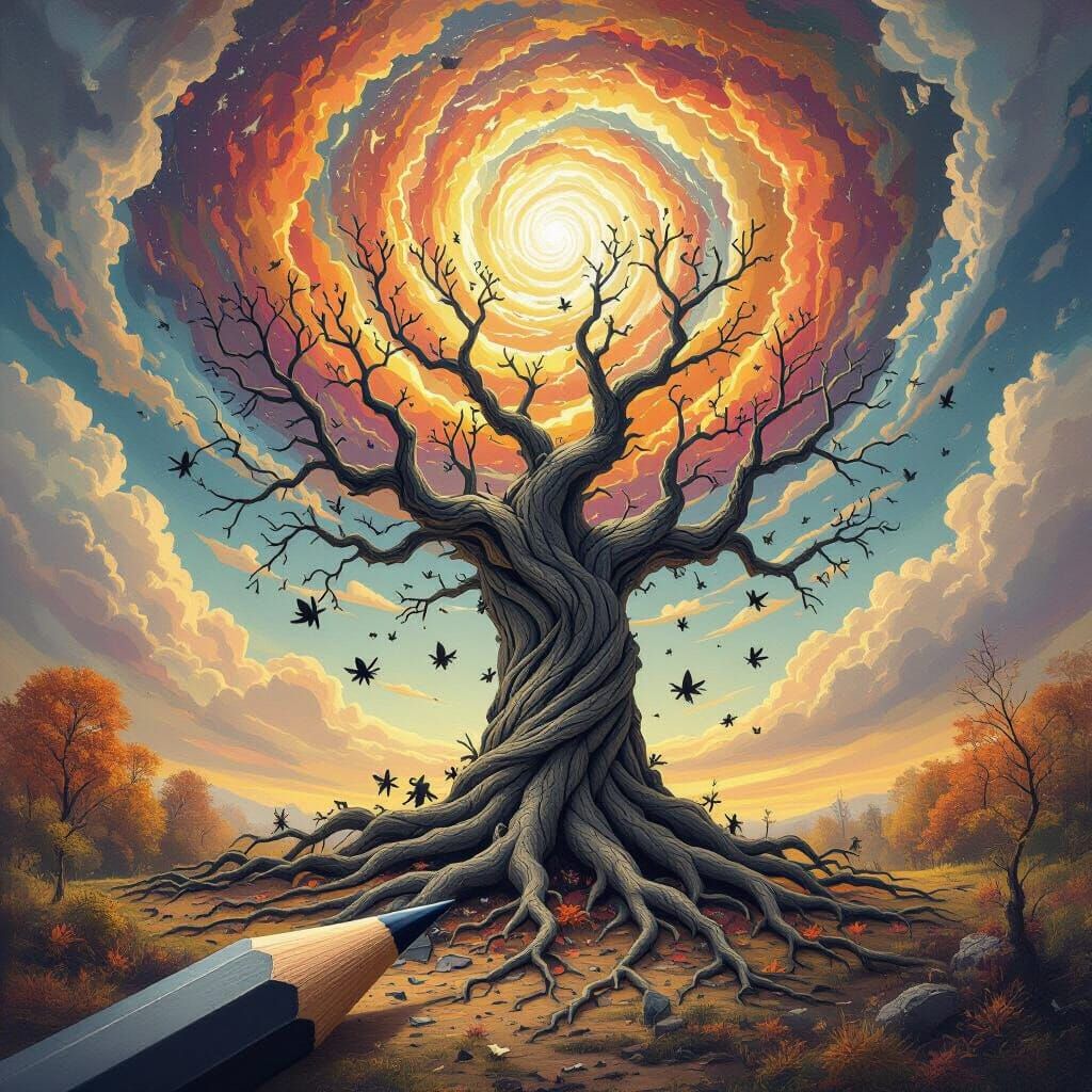 Surreal Autumn Sky with Giant Pencil Tree and Winged Shaving...