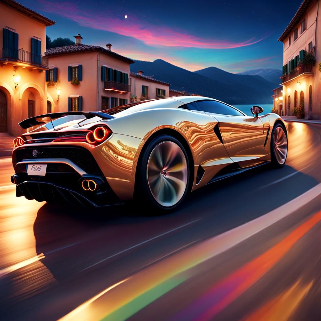 Supercar on Italian Lake Road under Moon: Digital Art