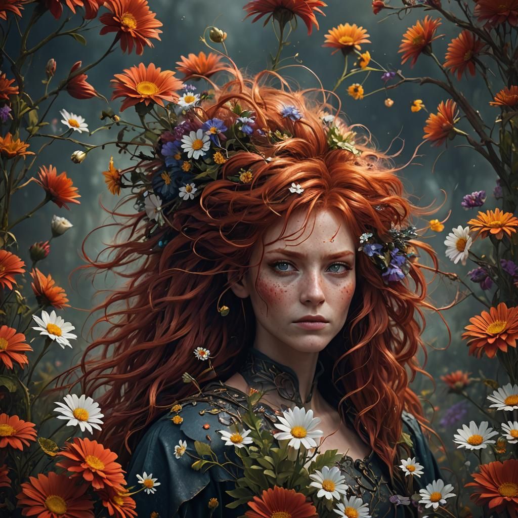 Redhead with Flowers: Detailed Fantasy Portrait