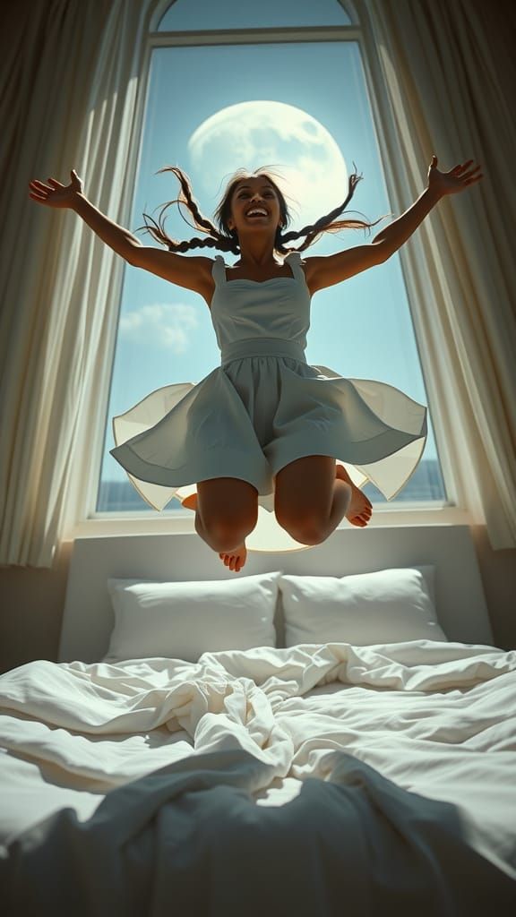 Maid Jumping on Bed in Moonlight, Cinematic Still
