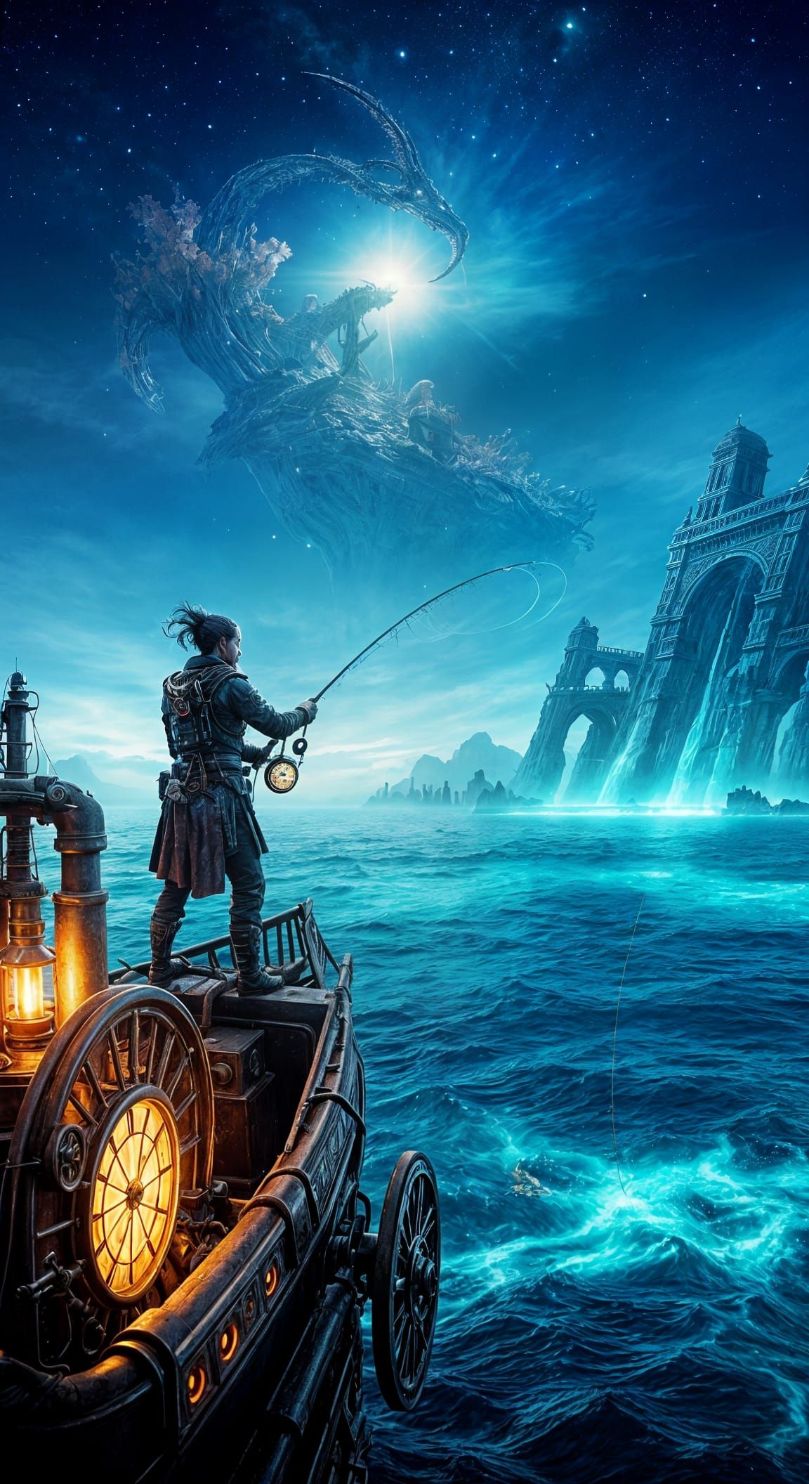 Alien Fisherman in Steampunk Boat Under Nebula Sky