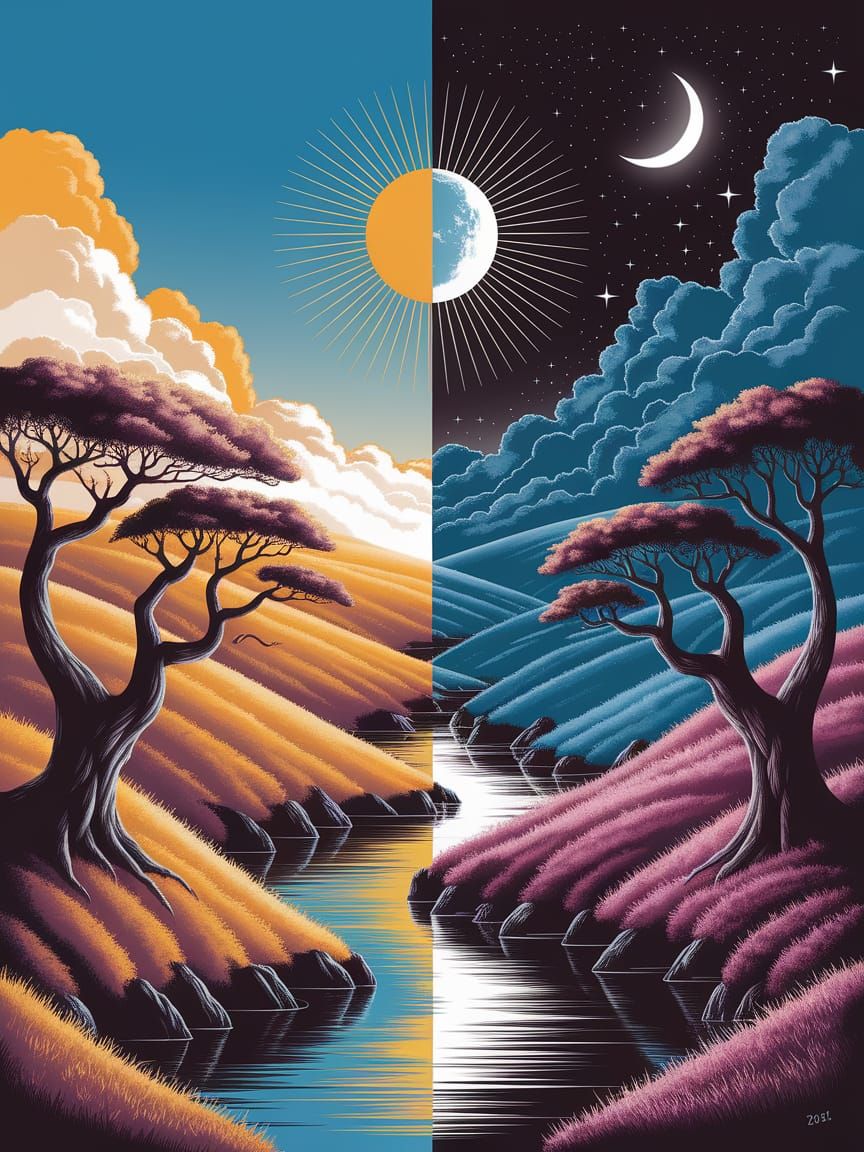 Landscape Duality: Day and Night Illustration