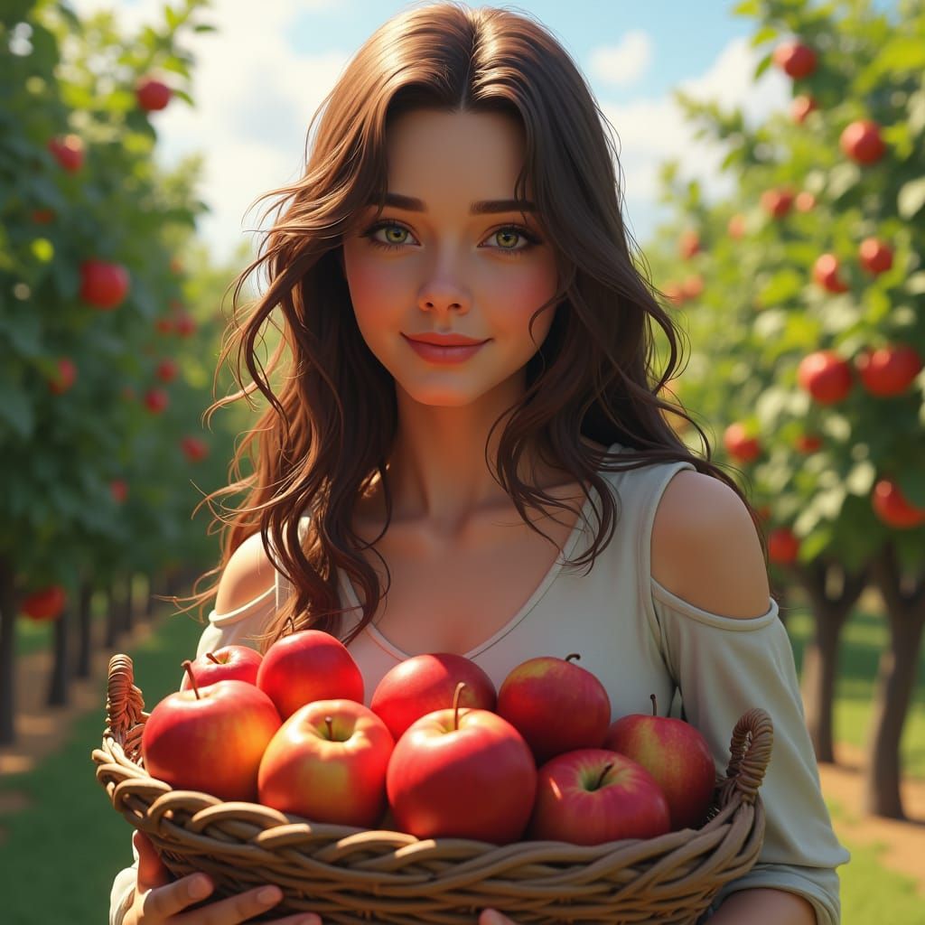 Brunette with Apples in Orchard: Watercolour Painting