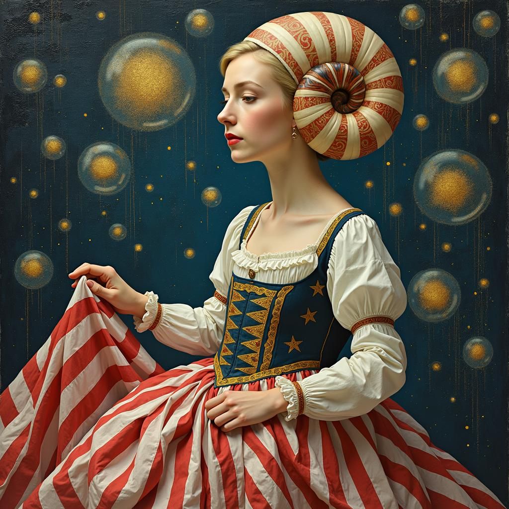 Betsy Ross and Nautilus Humanoid in Surreal Dot Painting