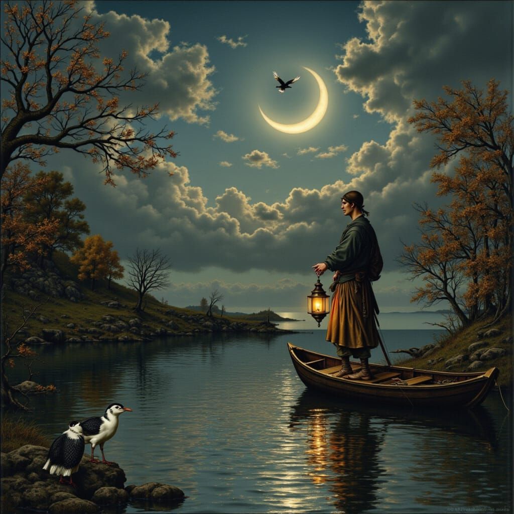 Fisherman at Night: Dutch Masters Watercolor with Asian Elem...