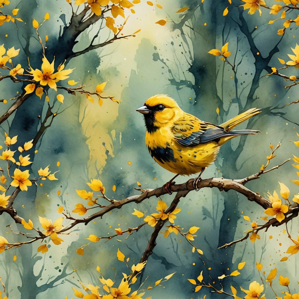 Cute Yellow Bird in Watercolor Style
