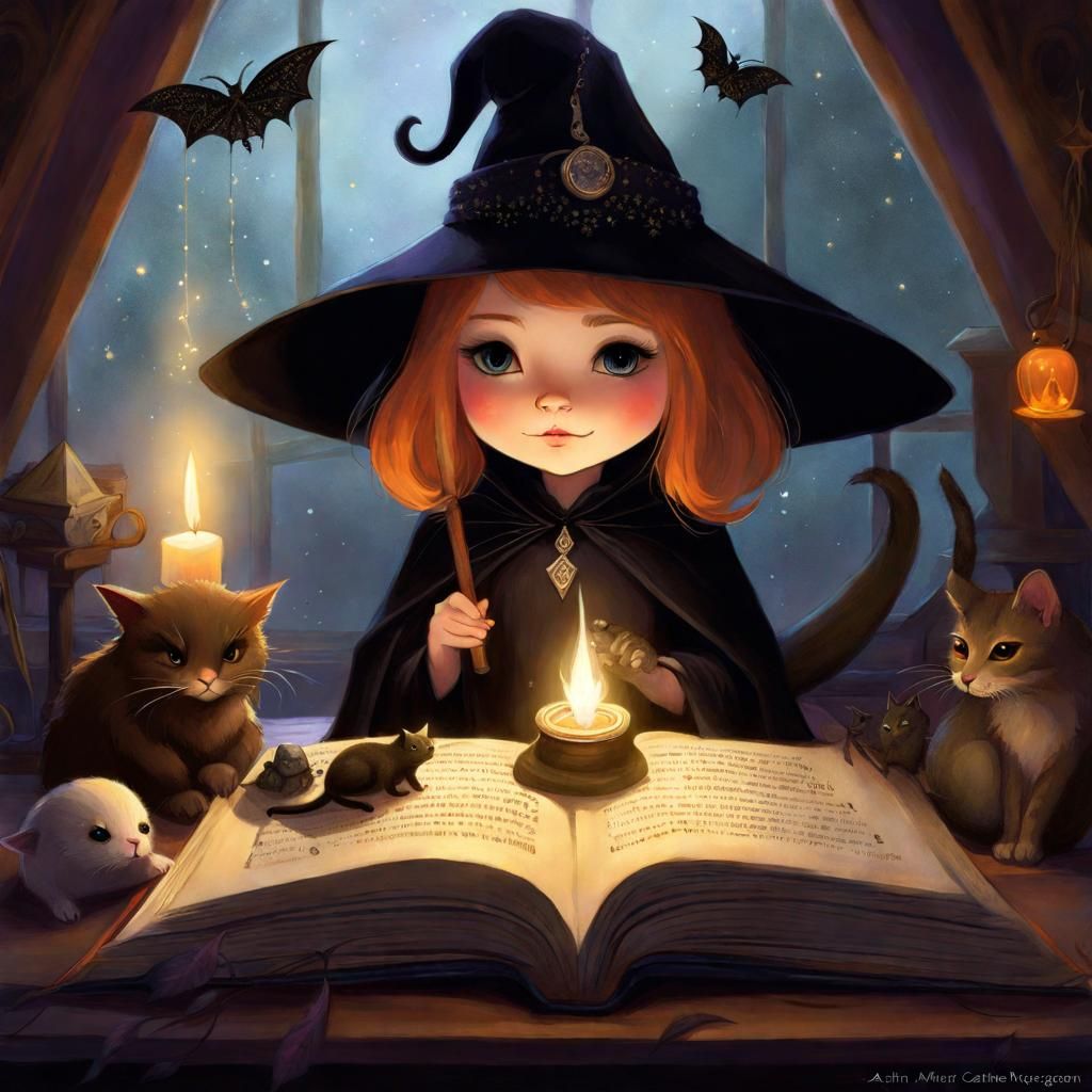 Moody Gothic Witch Reading Grimoire Digital Painting