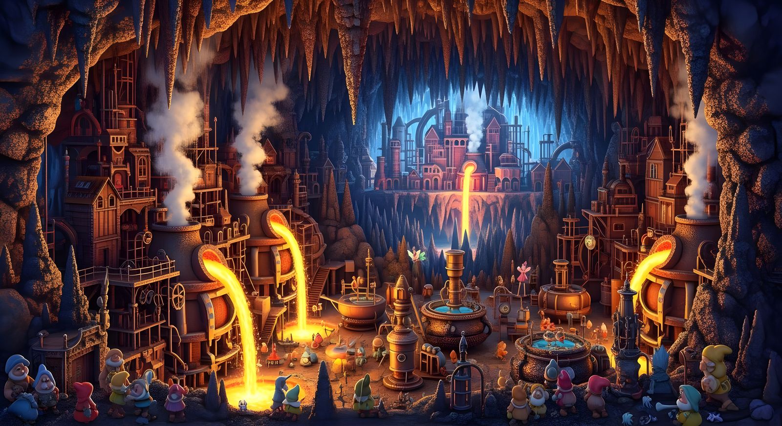 Industrial Cavern City in Pointillism Style