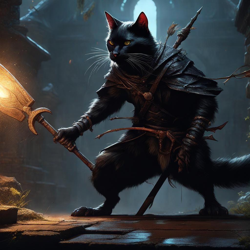 Black Cat Hunts Giant Rat: Dark Fantasy Art