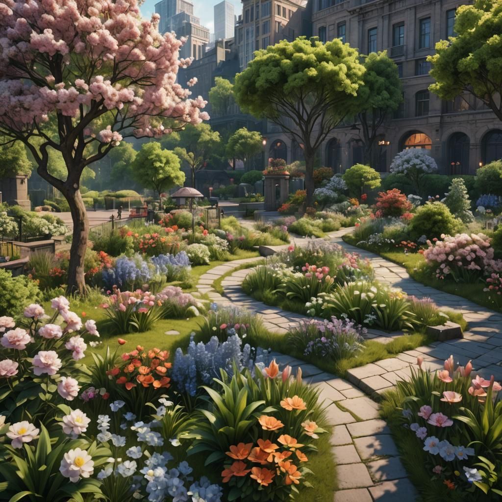Springtime Urban Park with Blooming Flowers