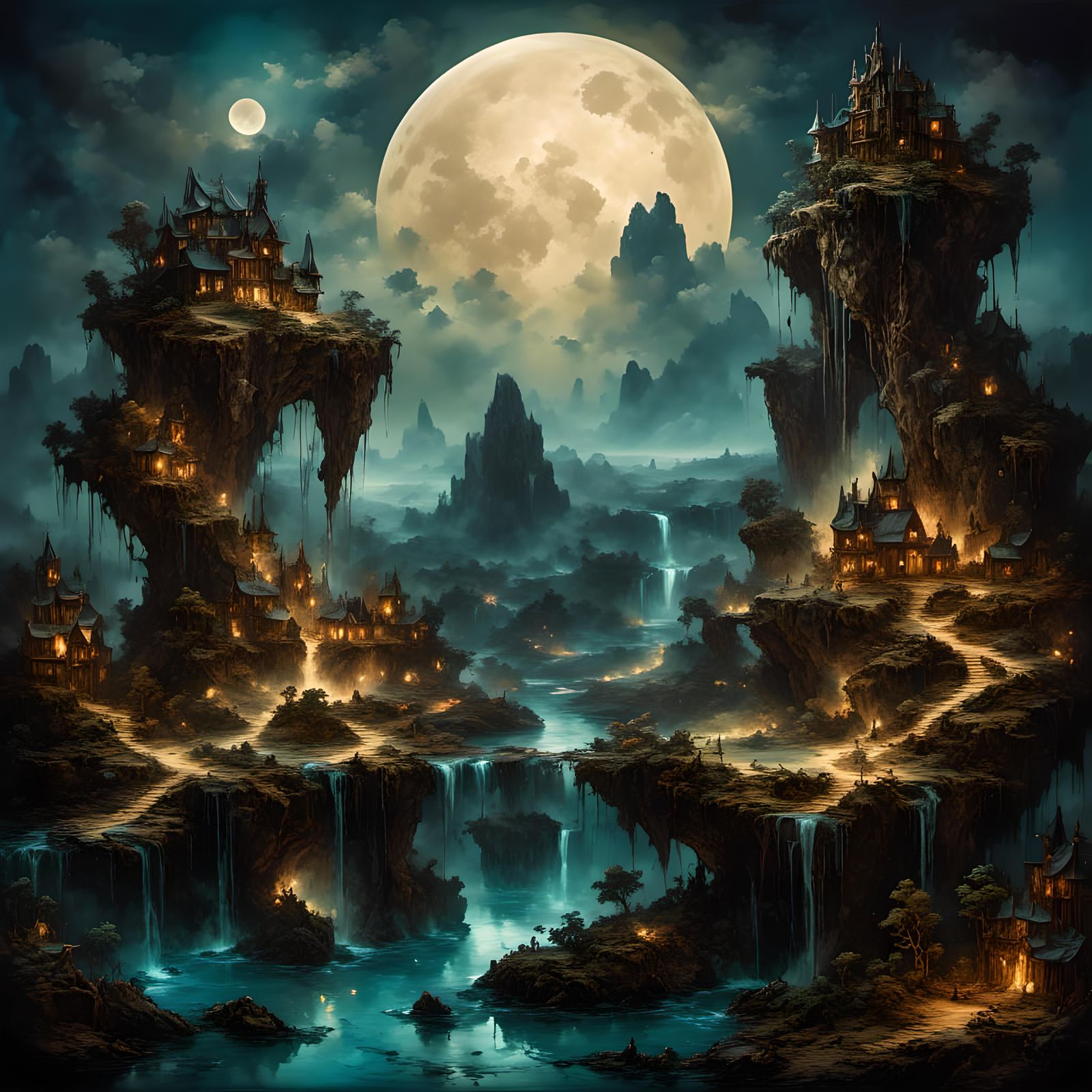 Eldritch Moonlit Landscape with Floating Island