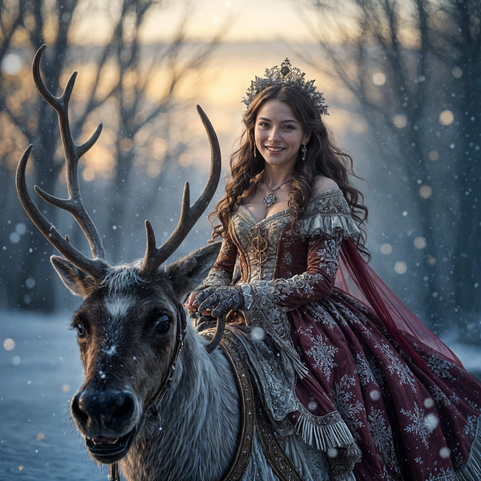 Victorian Woman Riding Reindeer in Snowy Evening