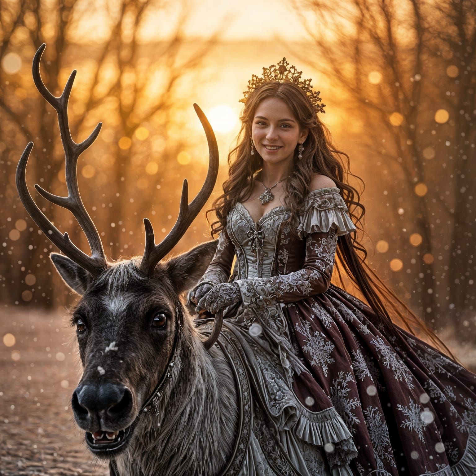 Victorian Woman Rides Reindeer in Snowy Evening Glow
