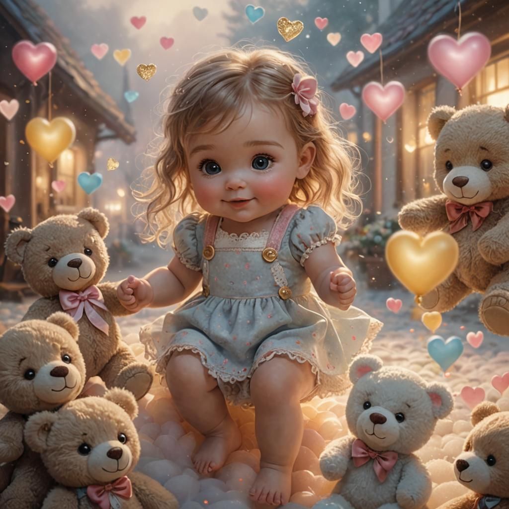 Baby Girl Playing with Teddy Bears: Digital Art