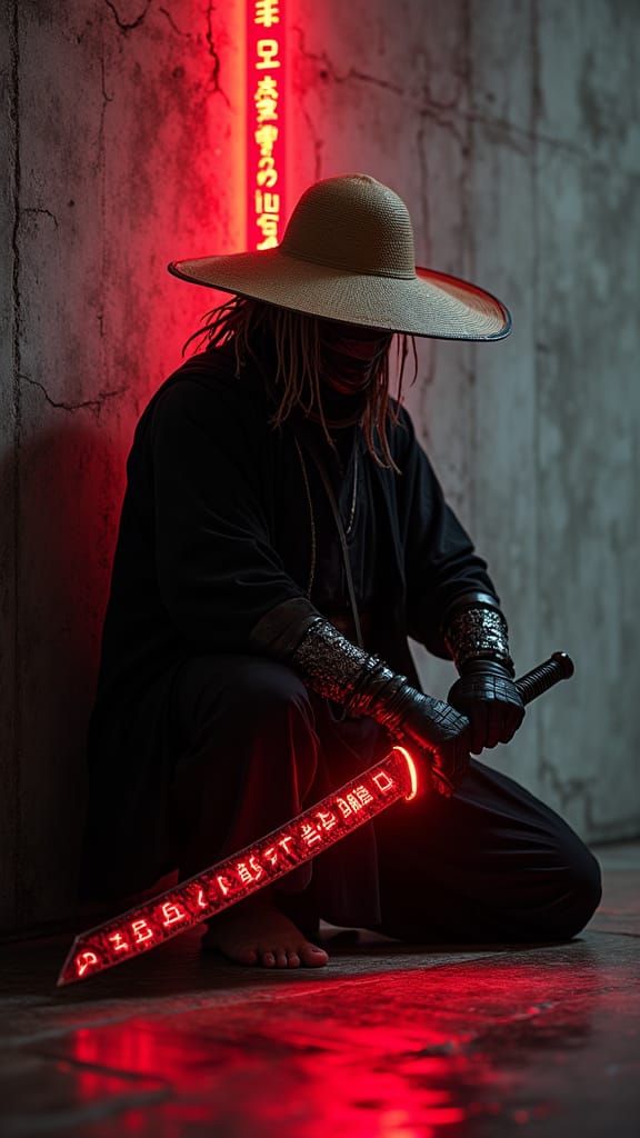 Cyberpunk Warrior in Shadowy Dystopian Chamber