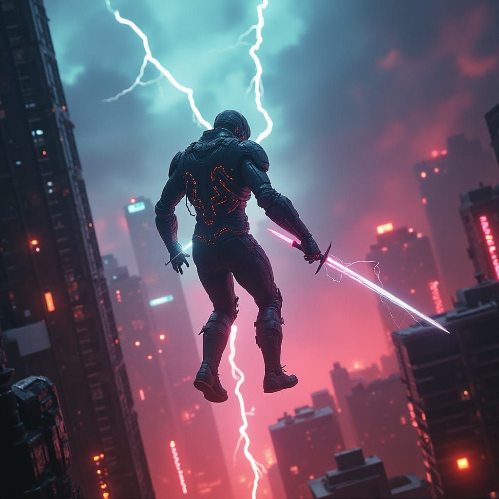 Cyber-Warrior Leaps from Skyscraper in Neon-Lit Dystopian Me...