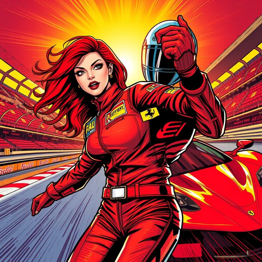 Daring Redhead Drives Ferrari in High-Speed Comic Art