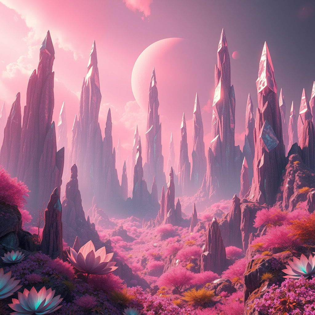 Pink Crystal Spires and Iridescent Flora in Unreal Engine