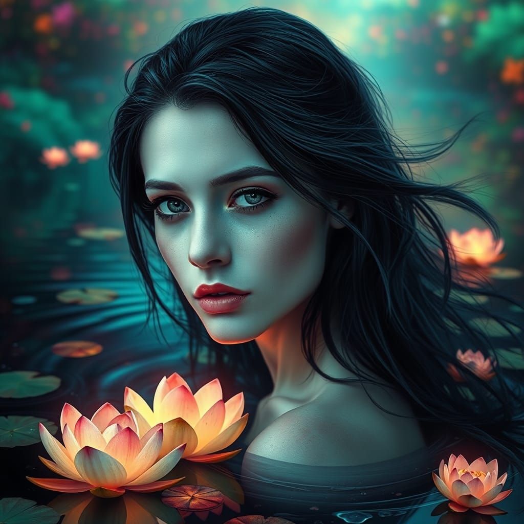 Ethereal Woman with Lotus Flowers in Hyperrealistic Style
