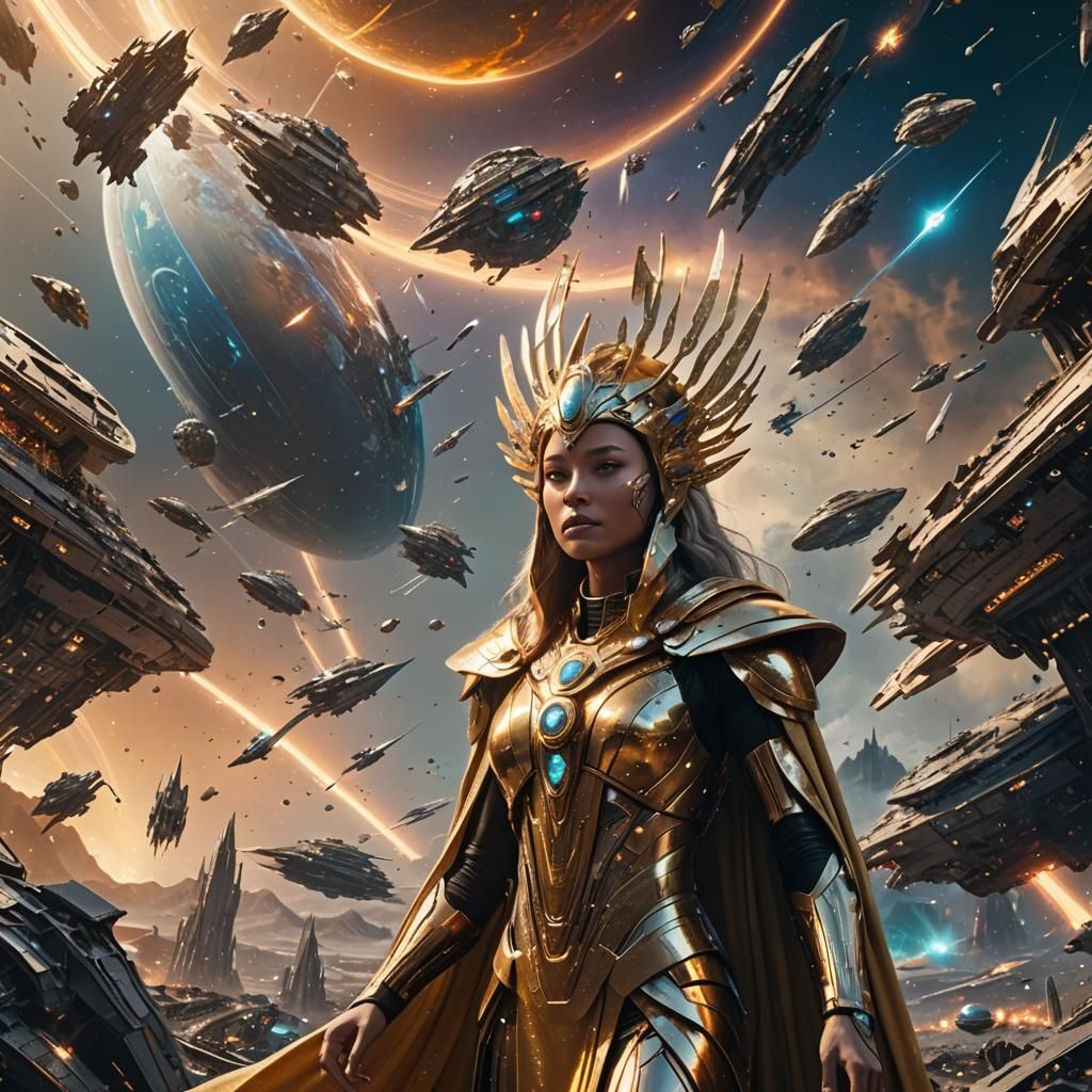 Shimmering Figure Descends to Futuristic Planet