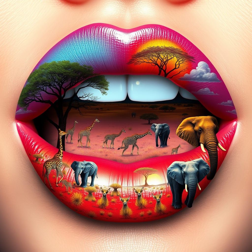 Vibrant African Savannah Surrealism on Rosy Lips