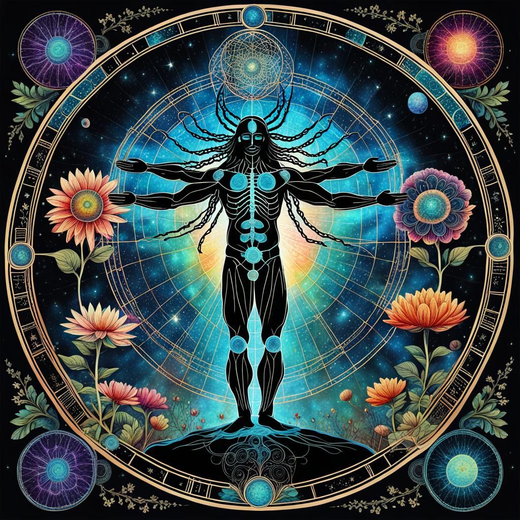 Psychedelic Vitruvian Man: Cosmic Floral Fusion