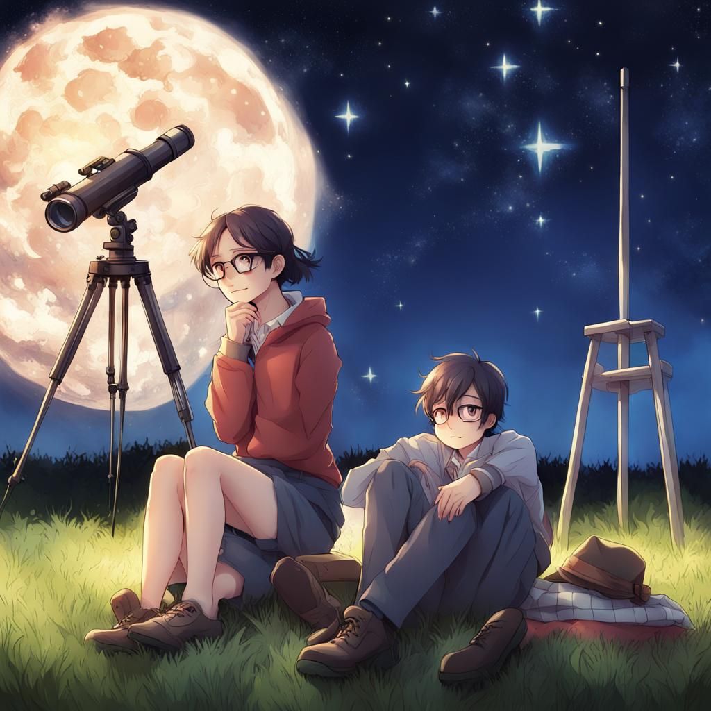 Anime Style Night Picnic and Stargazing Scene