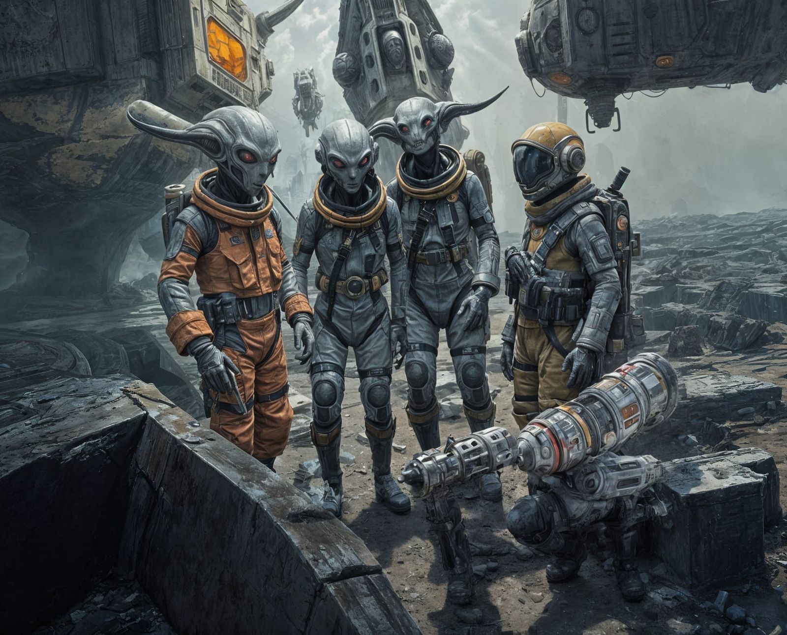 Humans and Grey Aliens Salvage Derelict Spaceport