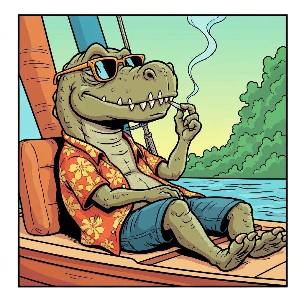 Stoned Dinosaur on Boat, Comic Book Style