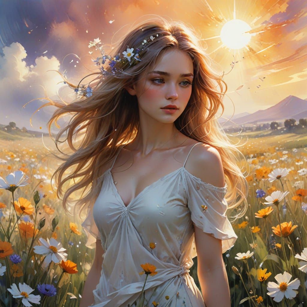 Ethereal Woman in Watercolor Field: Fusion of Chaos and Beau...