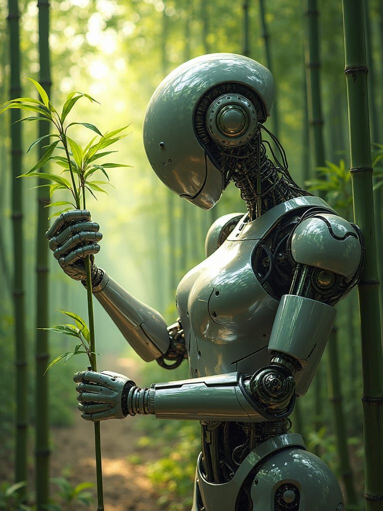 Futuristic Robot Tends Bamboo Forest With Laser Cutter