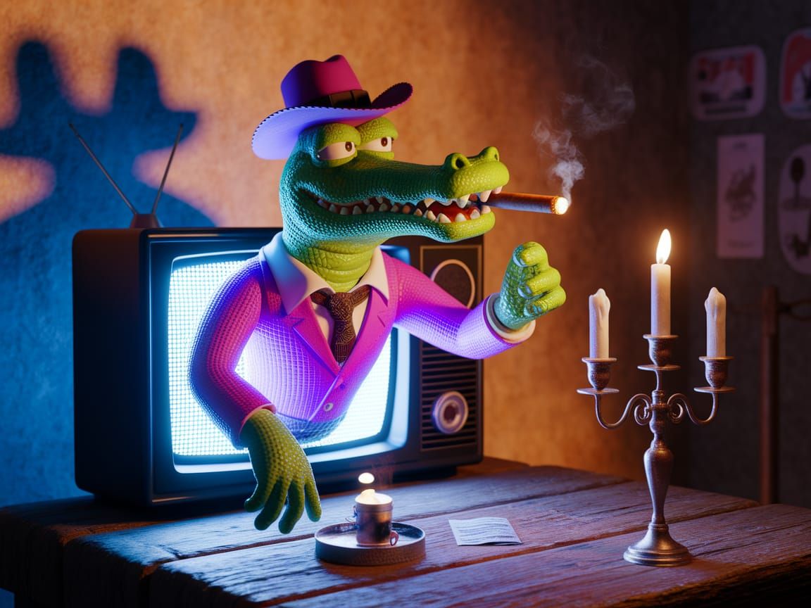 Surreal Cowboy Emerges from TV in Vibrant 3D Render