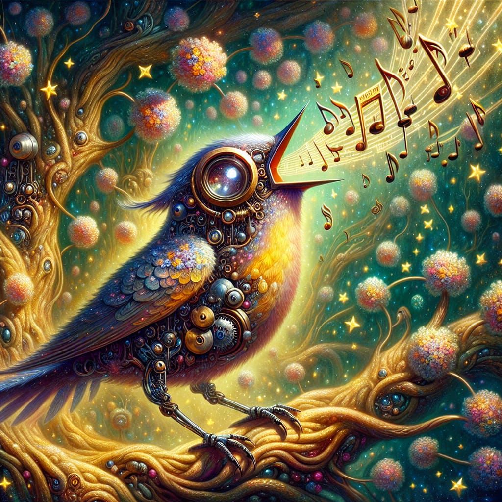 Steampunk Bird Serenade in Enchanted Forest