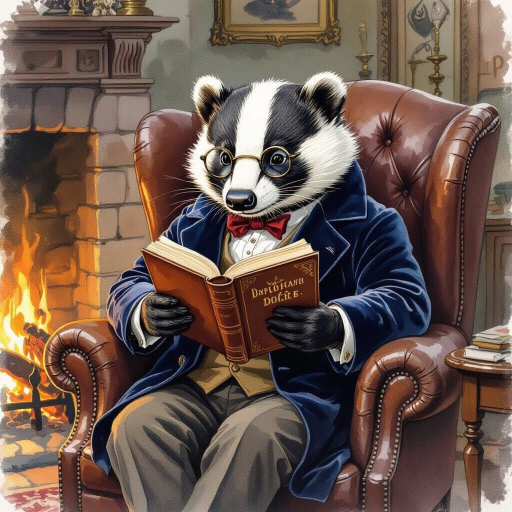 Badger Reading by Firelight in Watercolor Style