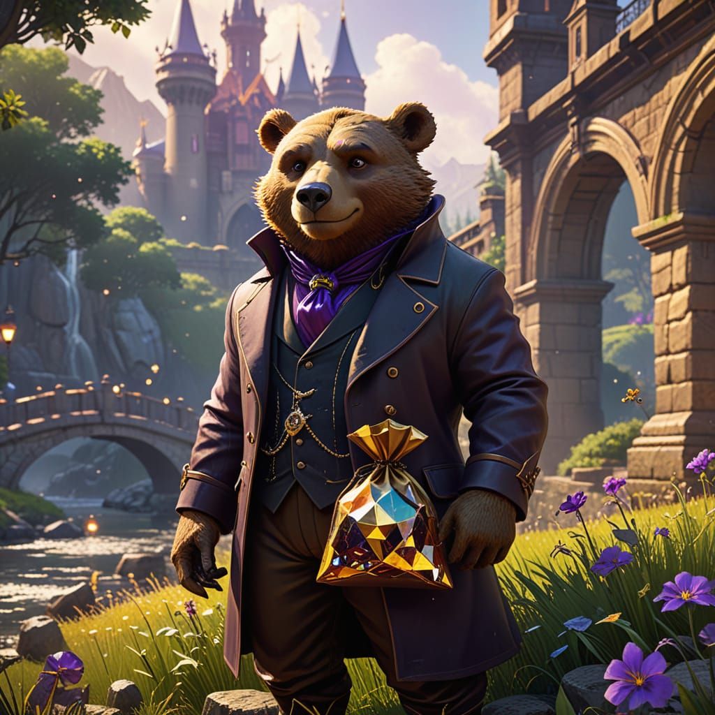 Stout Bear in Tailcoat Holds Sack of Gems Near Castle Bridge