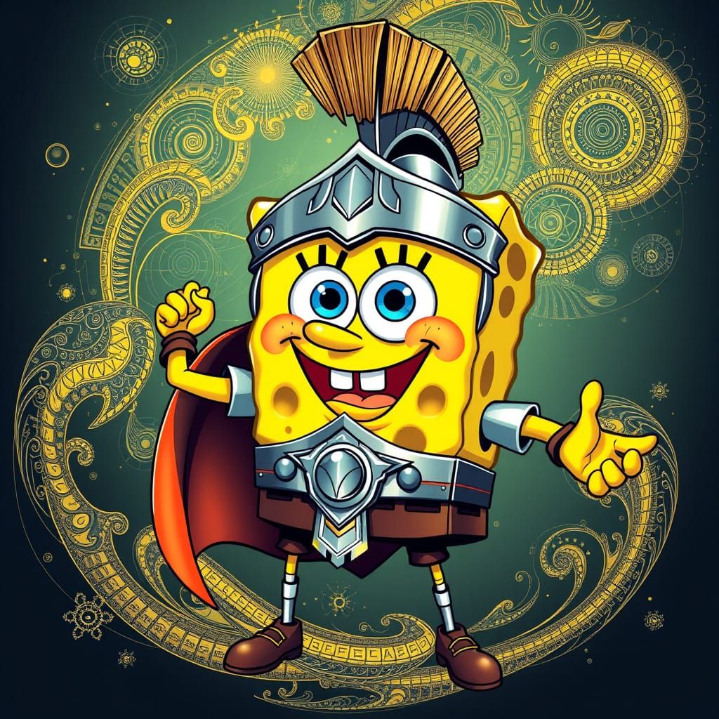 Dynamic Art-Deco Pin-Up of a Spartan SpongeBob SquarePants
