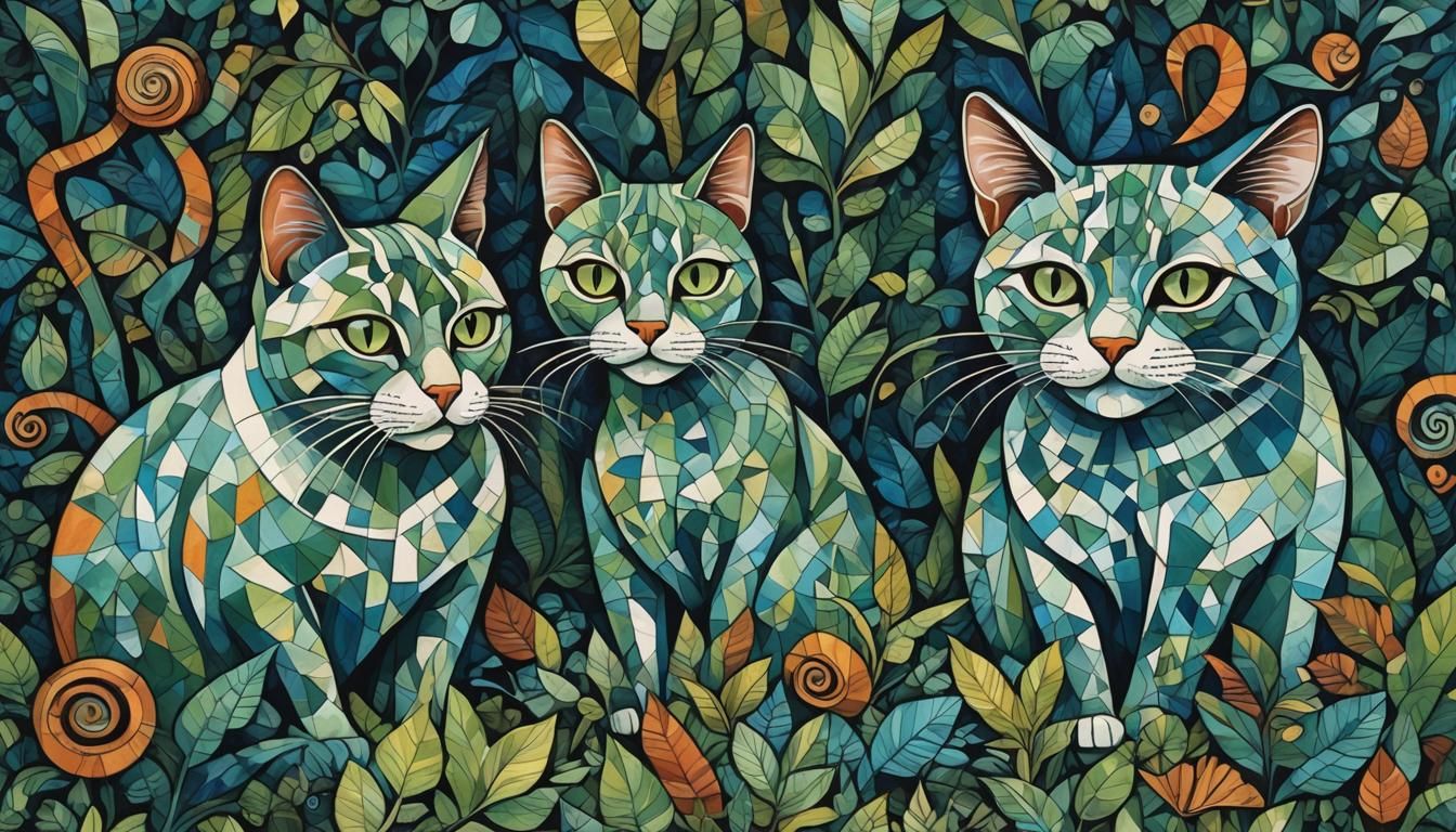 Cubist Cats and Snails in Blue Ink Jungle