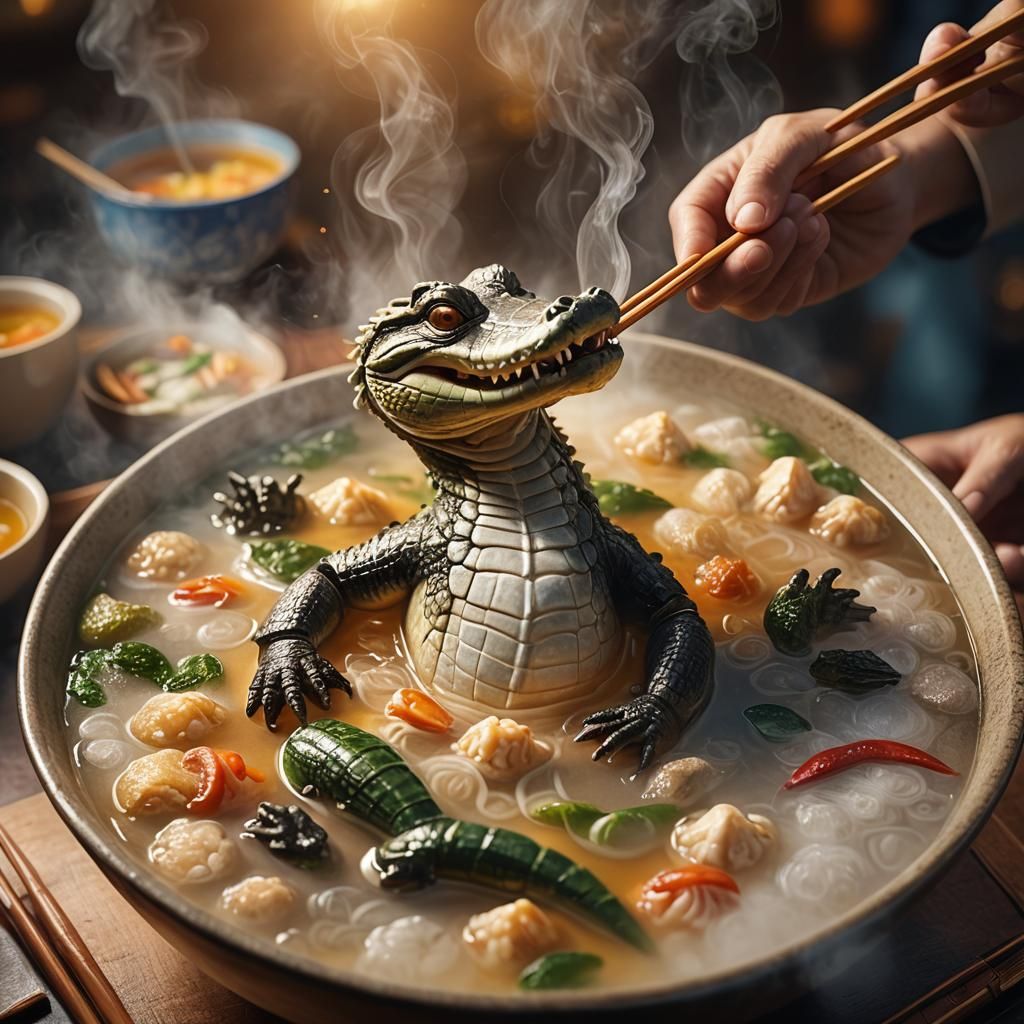 Tiny Alligator in Soup: Hyper-Realistic Digital Art