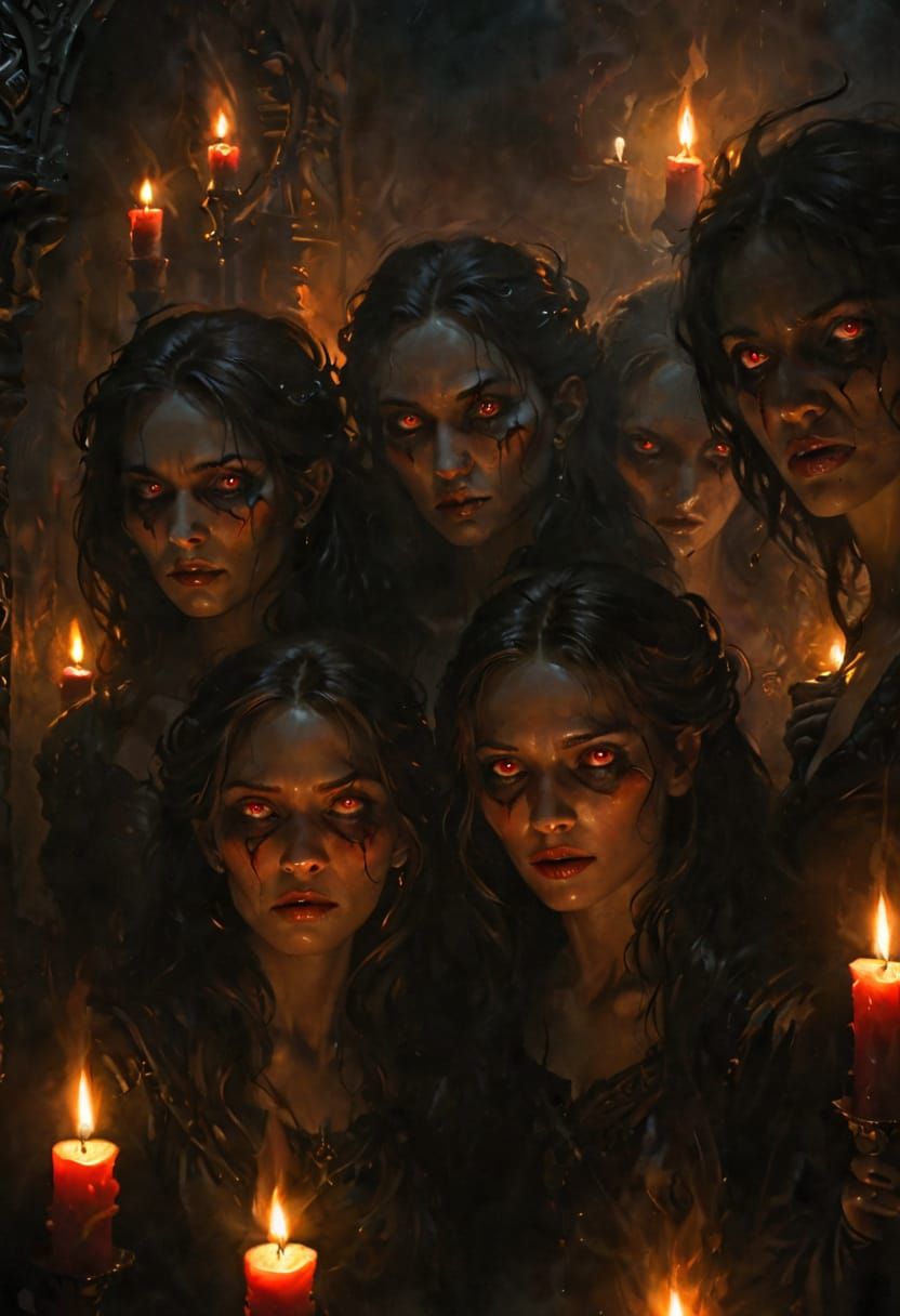 Demonesses Gather in Dark Chamber: Gothic Oil Painting