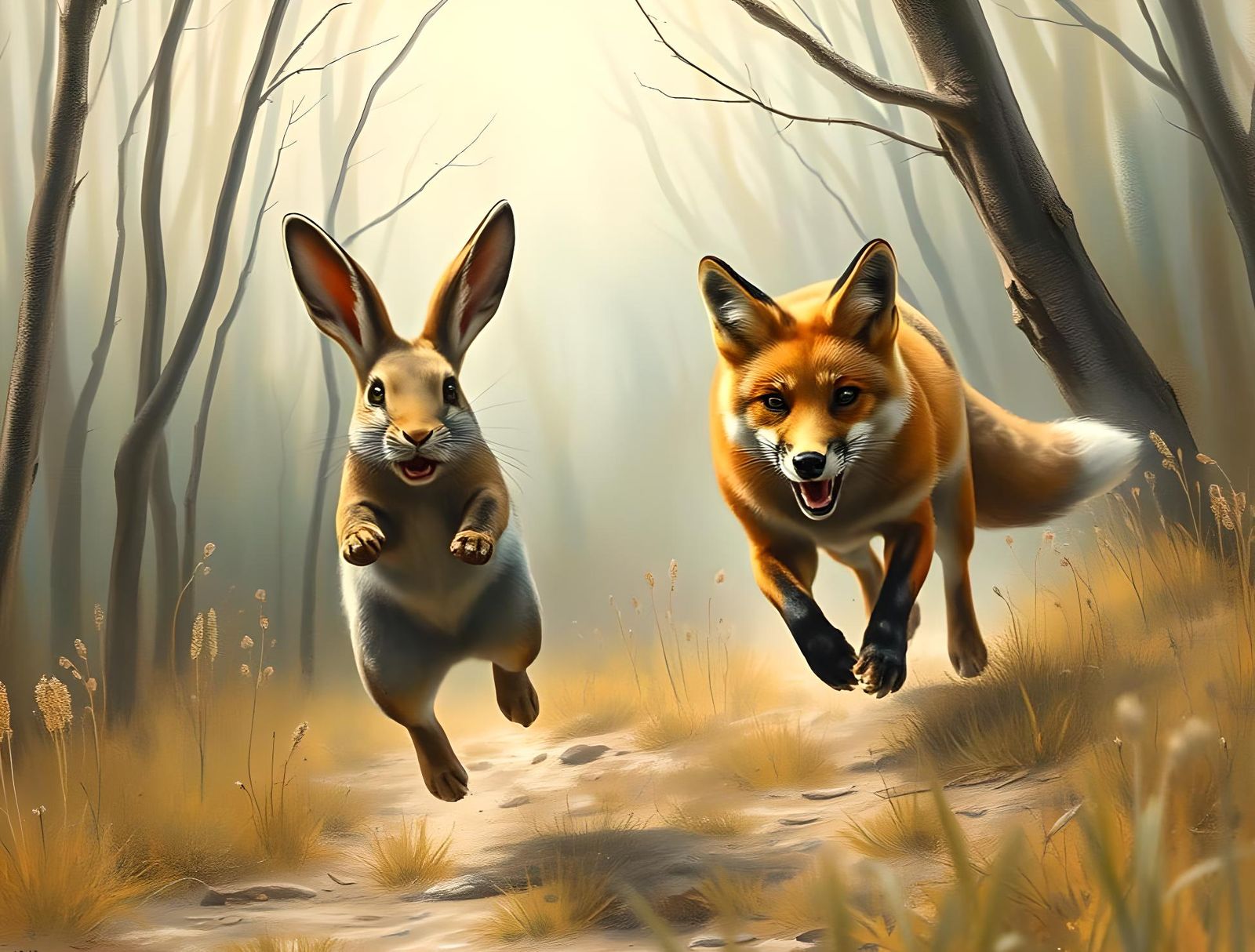 Rabbit's Escape: A Forest Chase in Soft Pastels