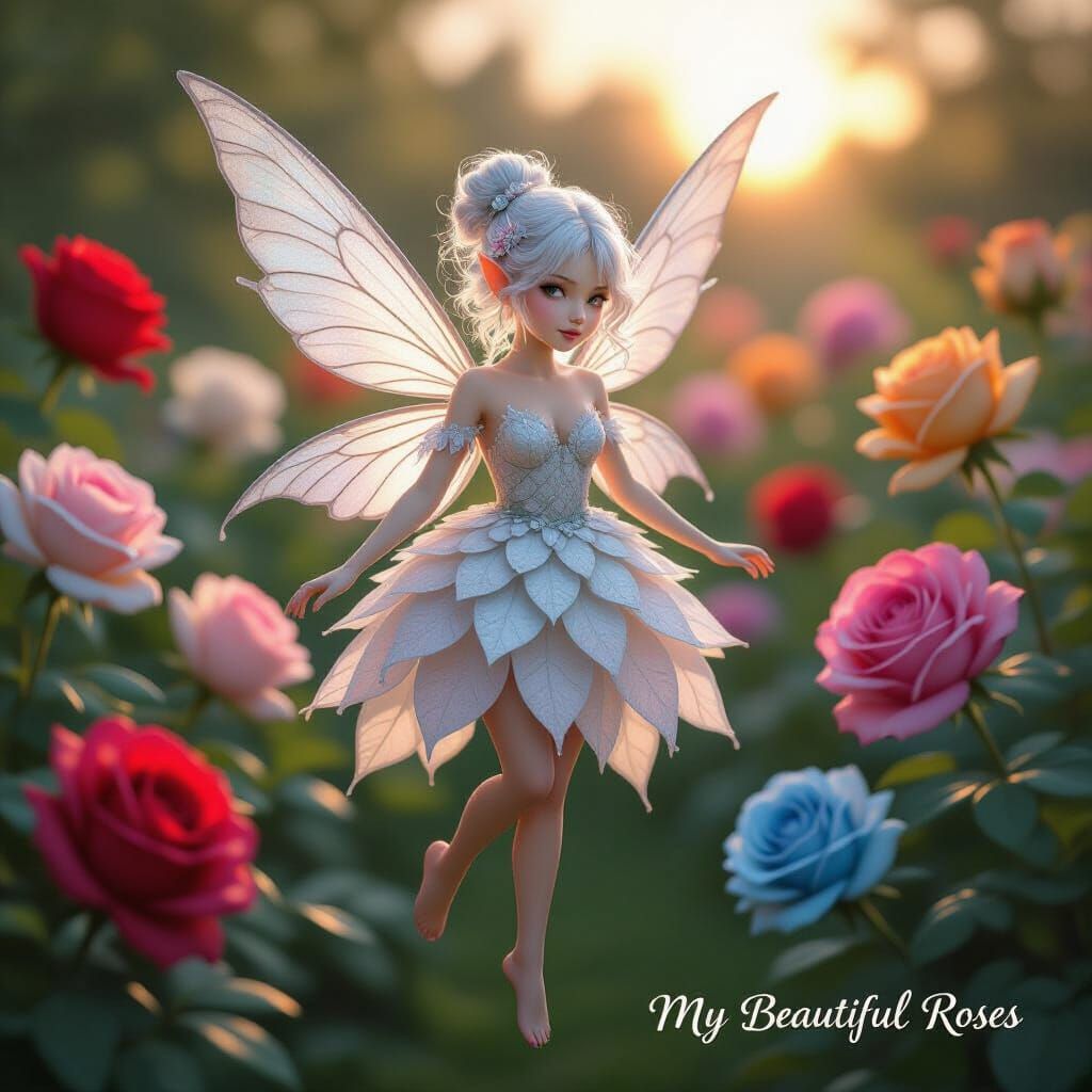 Ethereal Fairy in Lush Rose Garden, Digital Painting