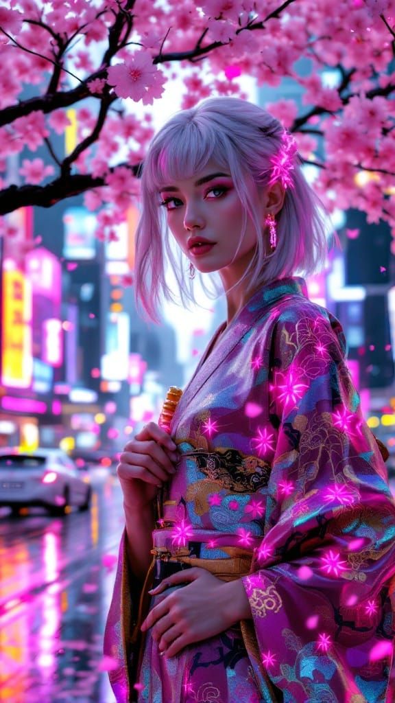 Ethereal Cyberpunk Goddess Beneath Sakura Tree