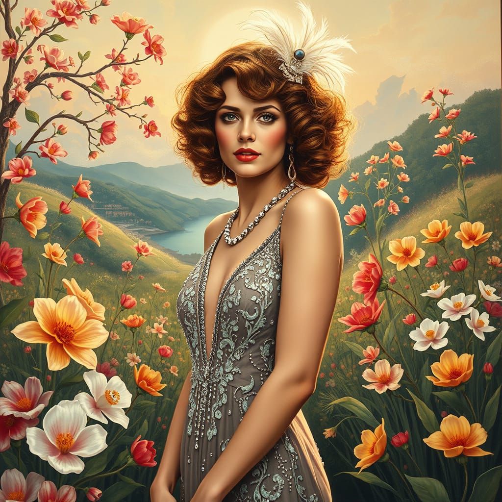 Elegant Woman in Art Deco Spring Wonderland