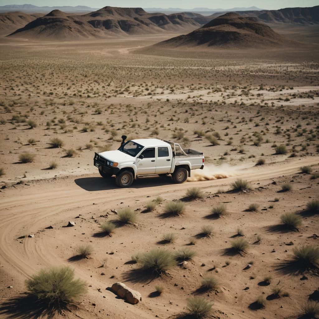 Toyota Hilux in Desert: Cinematic Film Still