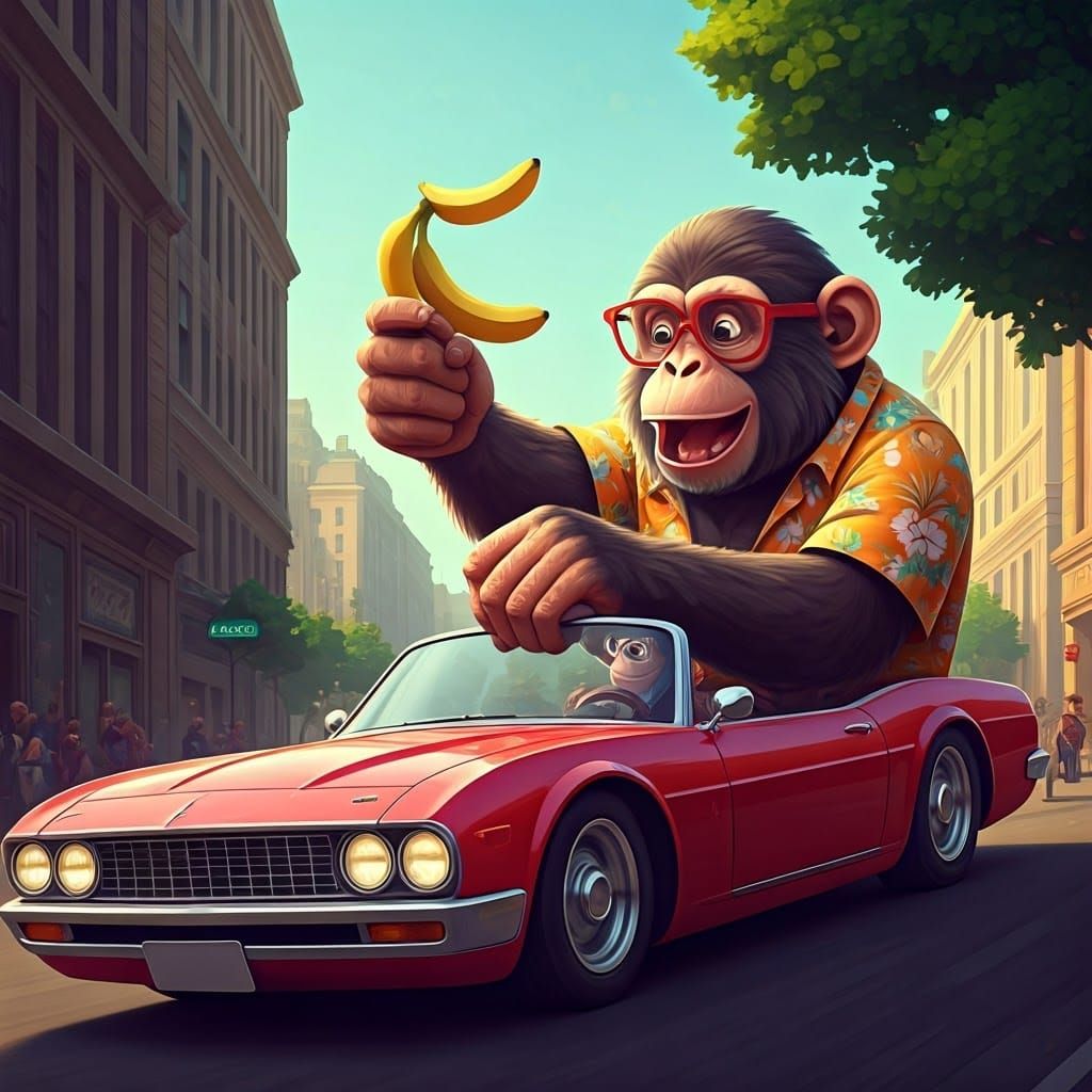 Monkey Driver in Cartoon Style Gazing at Bananas