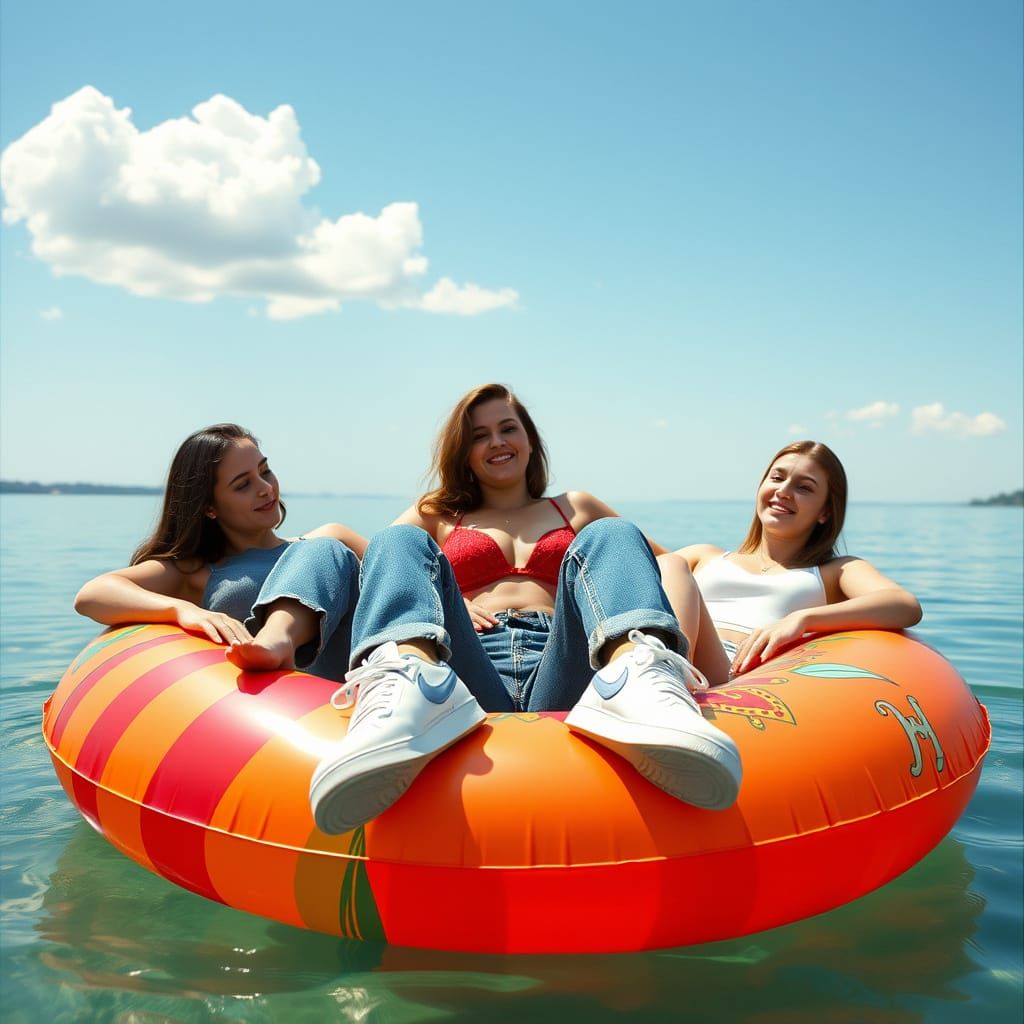 Women Basking in Serene Lake Scene