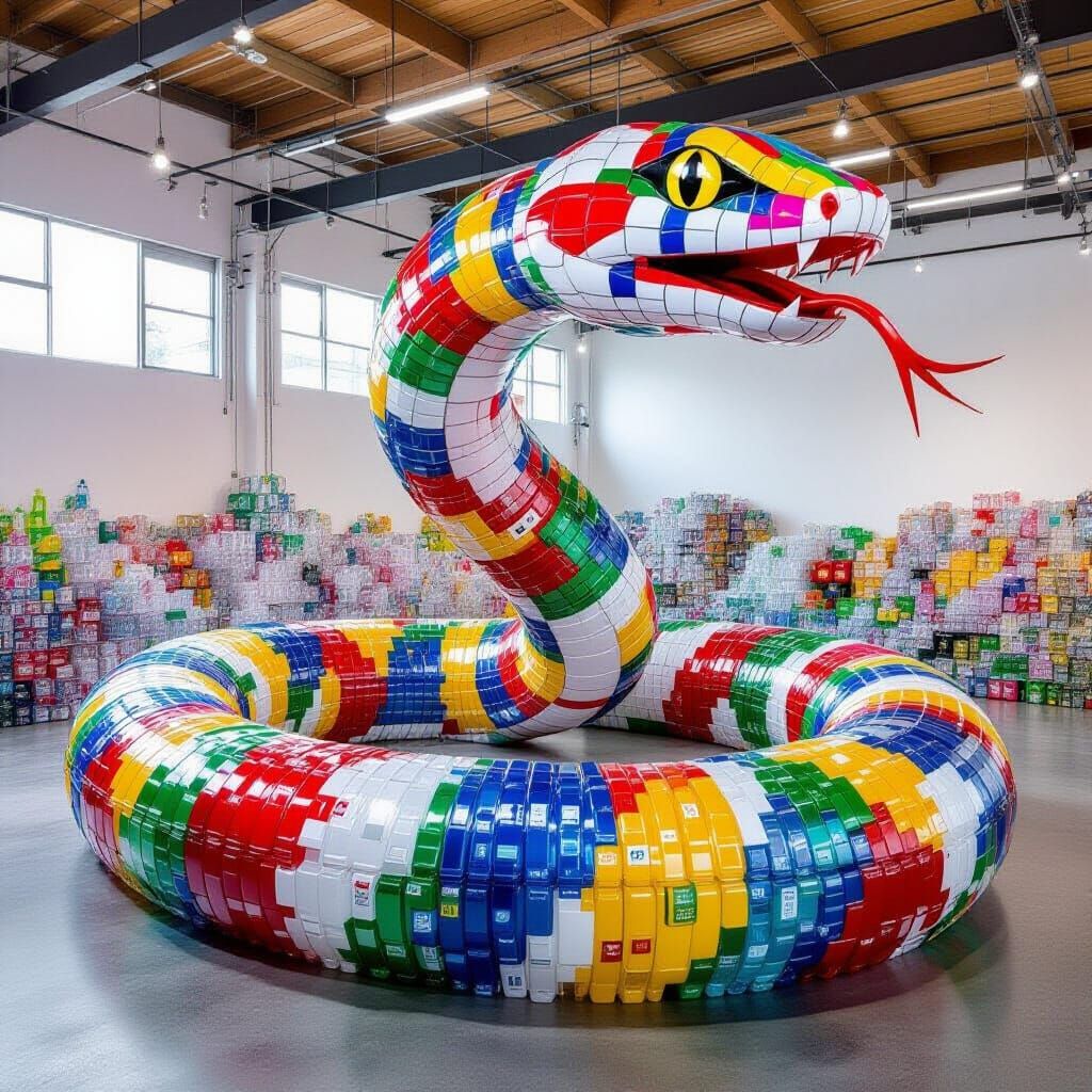 Recycled Plastic Bottle Snake Sculpture in Pop Art Style